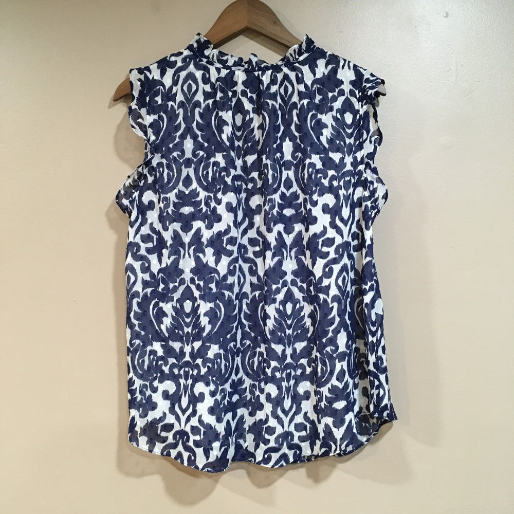 Rachel Roy Damask Blouse Womens XL Navy Blue Boho Resort Lightweight Office Work - Picture 6 of 11